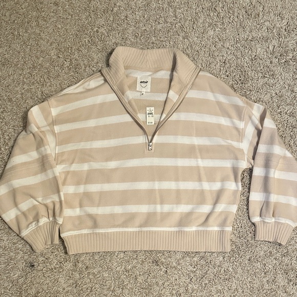 Aerie Beige and White Striped Half-Zip Sweater - Picture 1 of 1